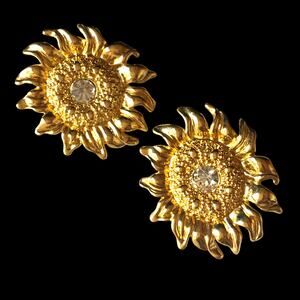 Gold tone sunflower post earrings - sturdy construction, rhinestone acccent